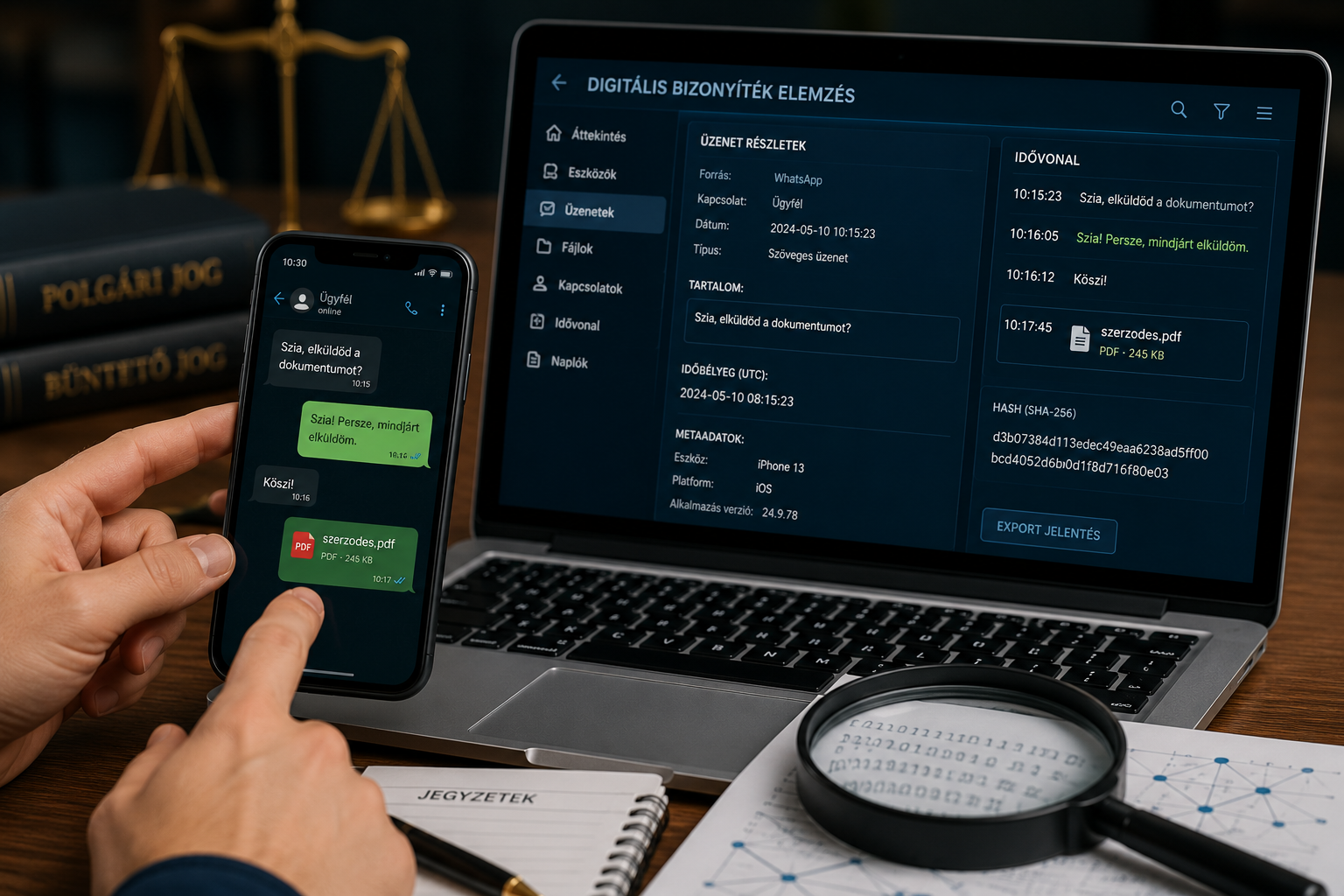 Chat képernyőkép digitális bizonyítékainak informatikai vizsgálata metaadatok és SHA-256 hash alapján